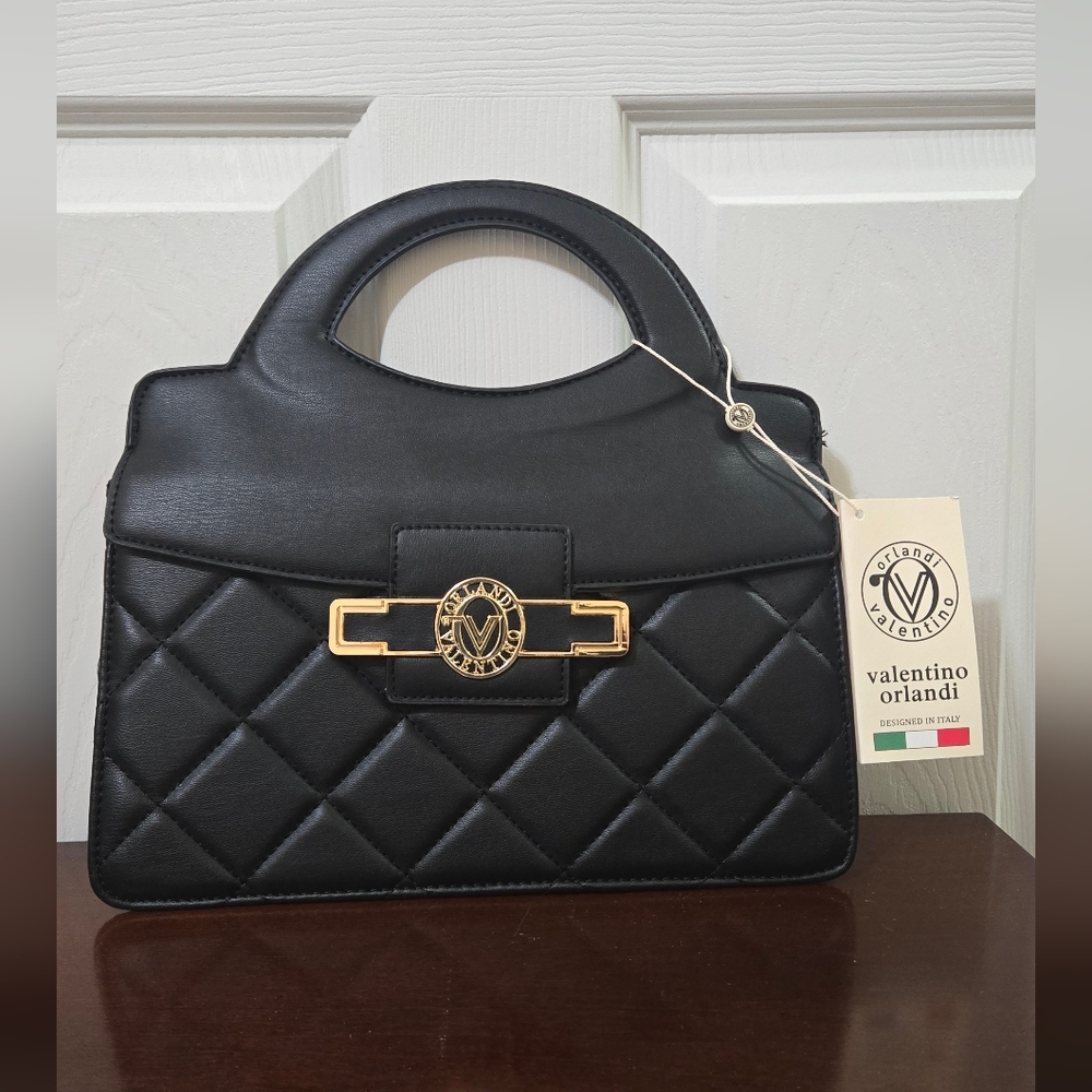 Valentino Orlandi Black Quilted Satchel with Gold Accent